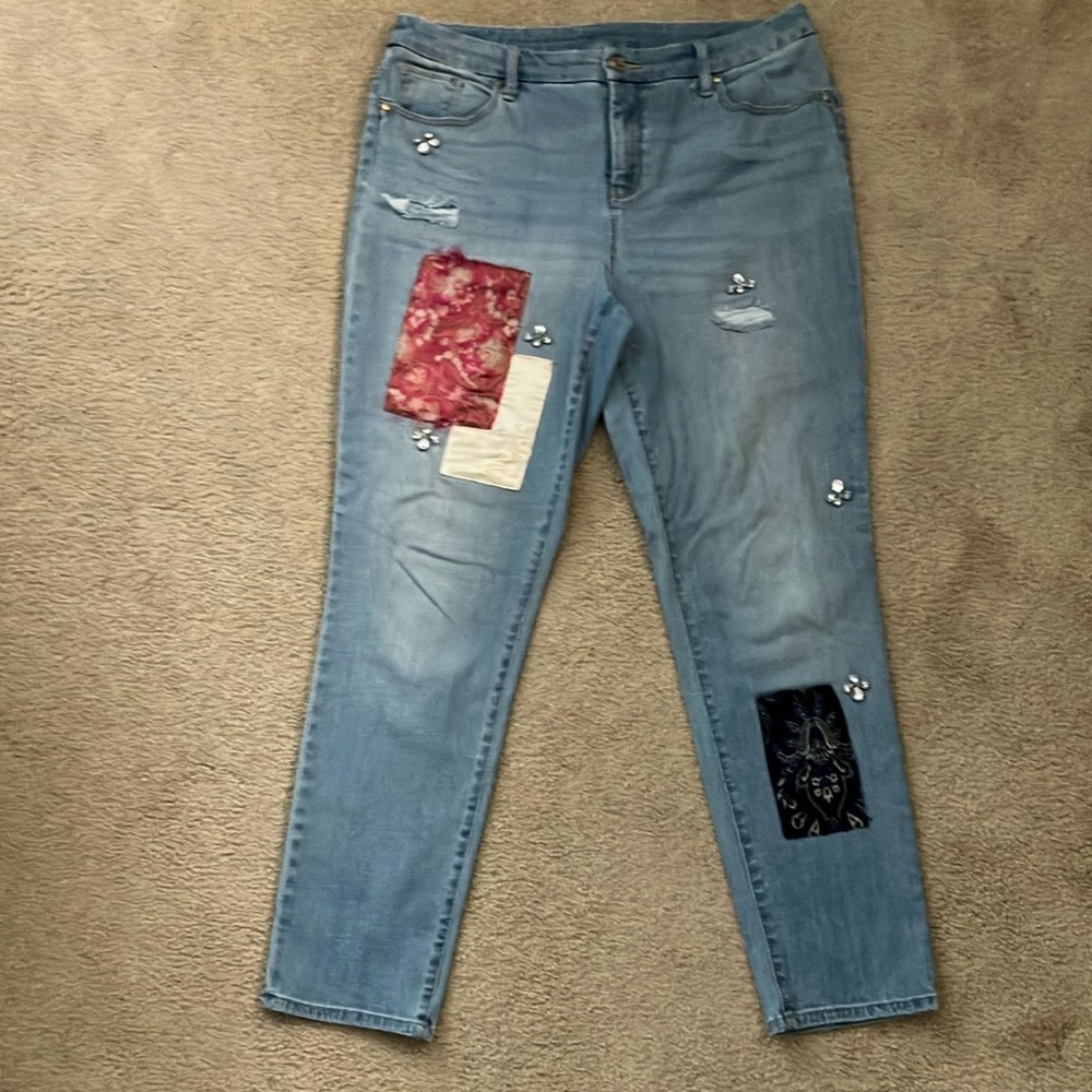 Blue Straight Leg Jeans with Distressed Details